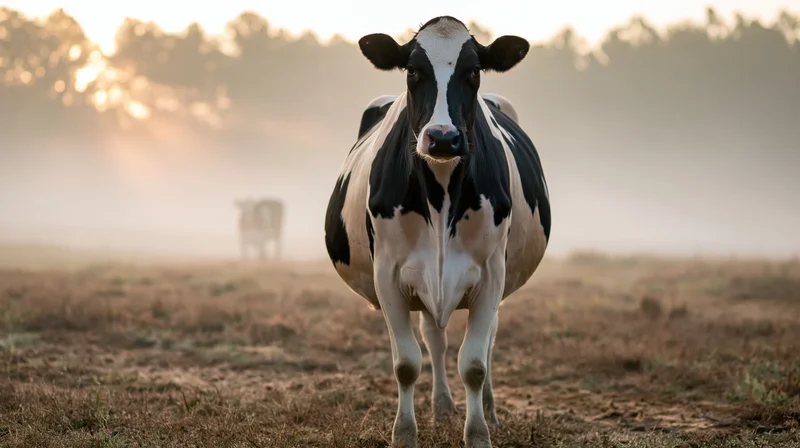 Holstein cow standing in misty pasture at sunrise