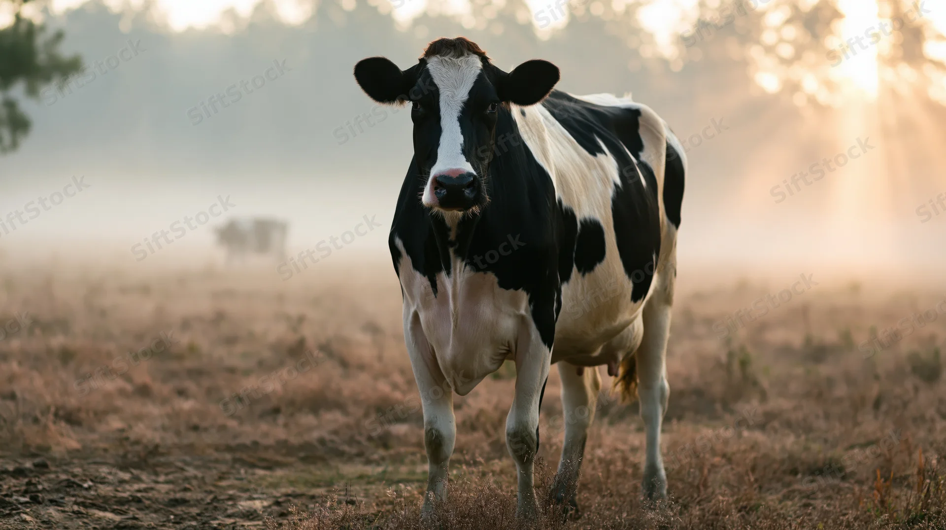 Holstein cow standing in misty pasture at sunrise