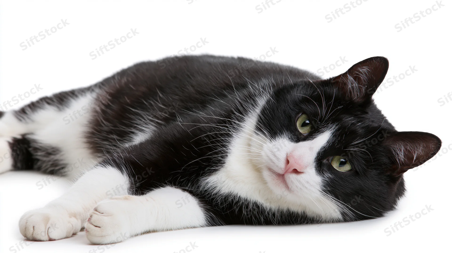 Black and white tuxedo cat lying relaxed on white surface