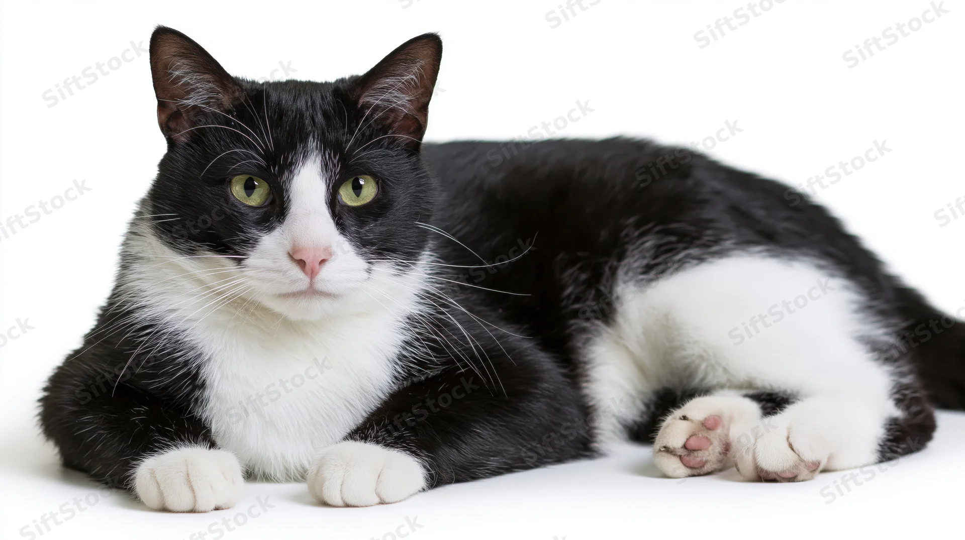 Black and white tuxedo cat lying relaxed on white surface