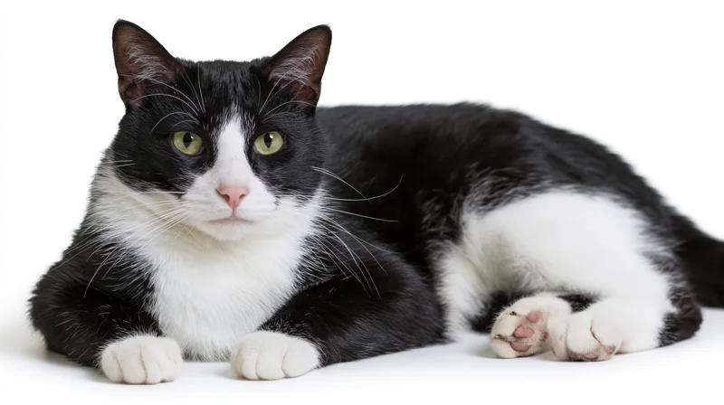 Black and white tuxedo cat lying relaxed on white surface