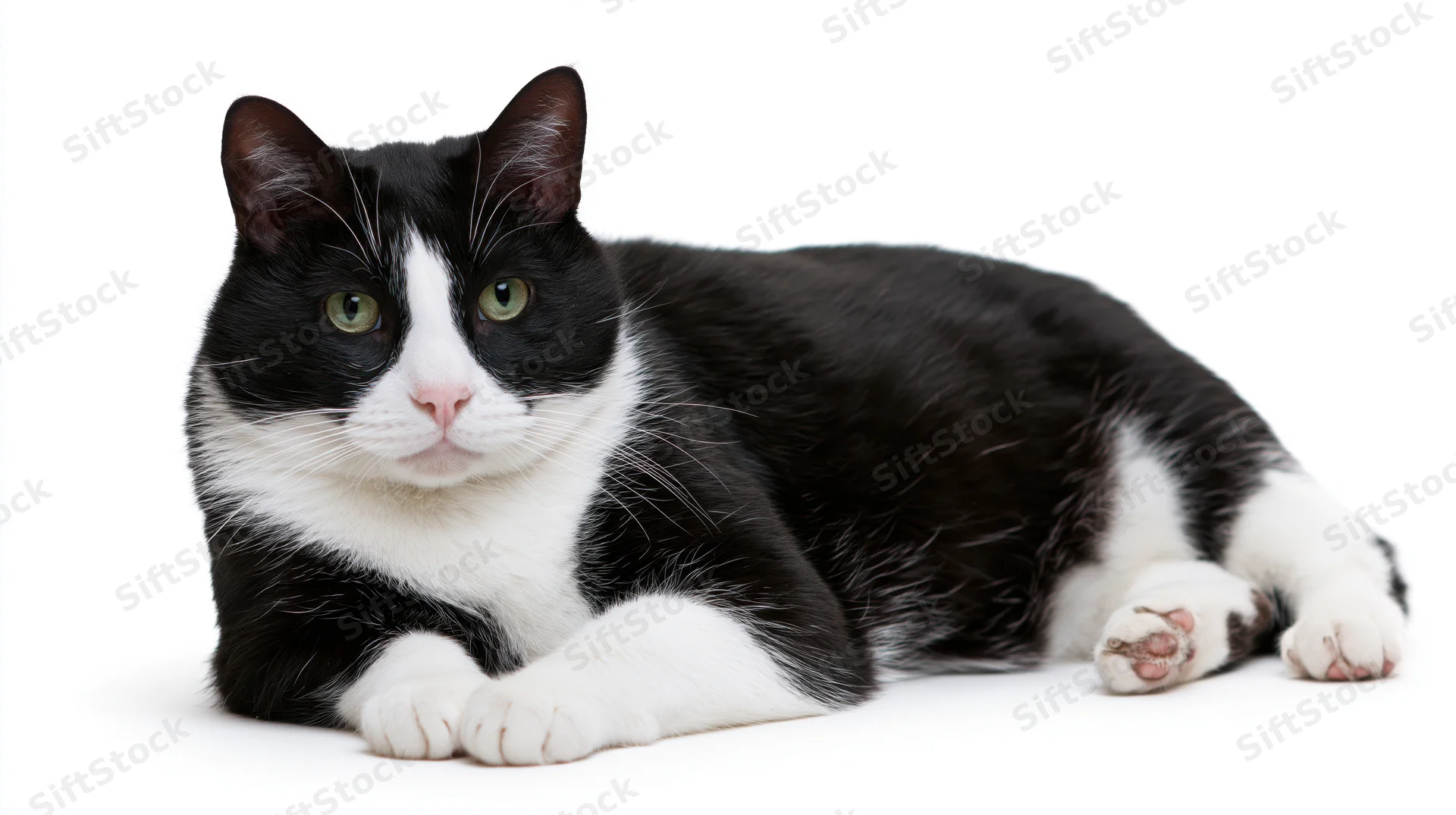 Black and white tuxedo cat lying relaxed on a white surface