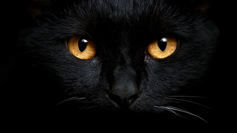 Closeup of black cat's face with intense orange eyes staring directly at camera emerging from darkness