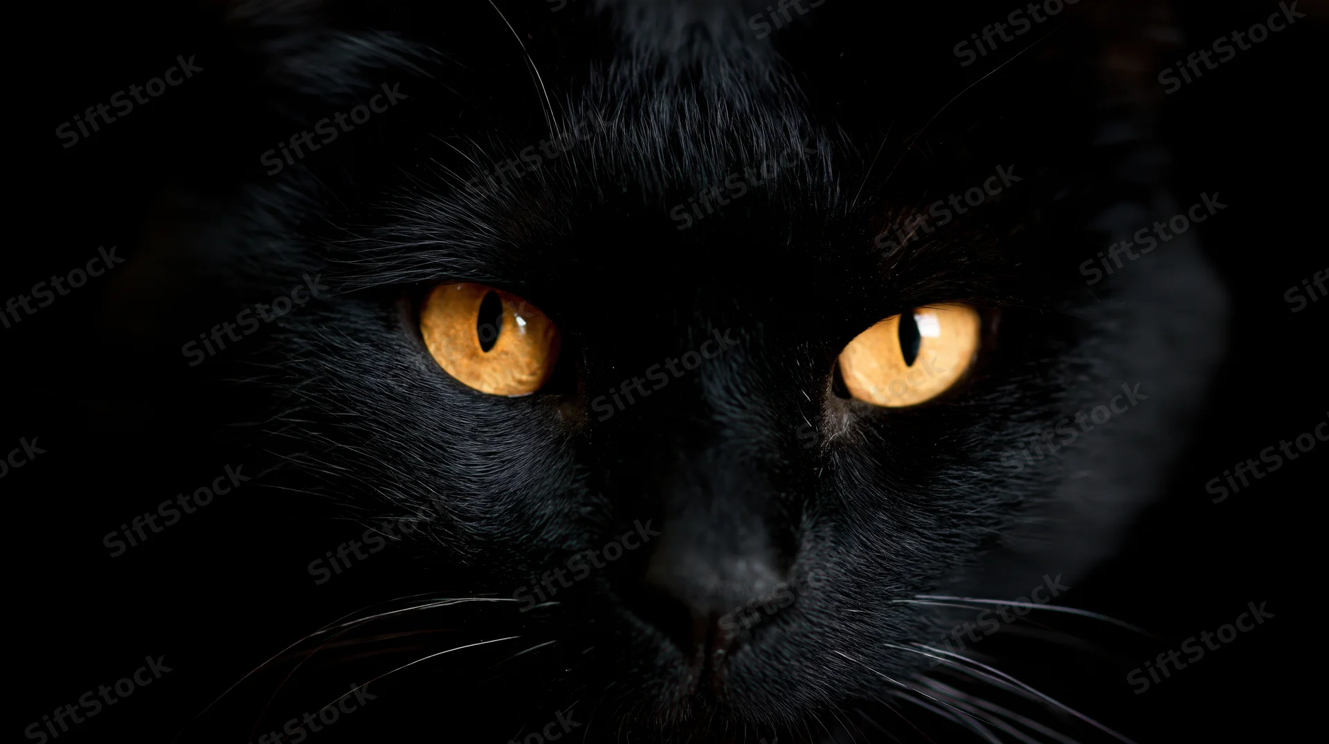 Closeup of black cat's face with intense orange eyes staring directly at camera in near-total darkness