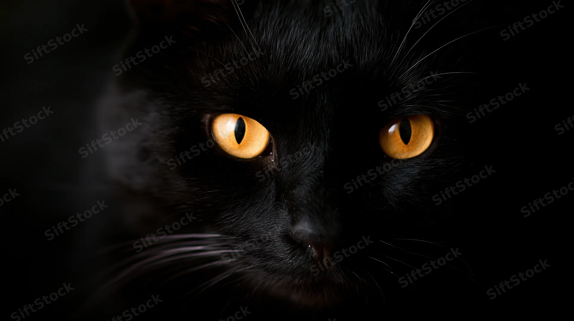 Closeup of black cat with intense orange eyes staring directly at camera in dark setting