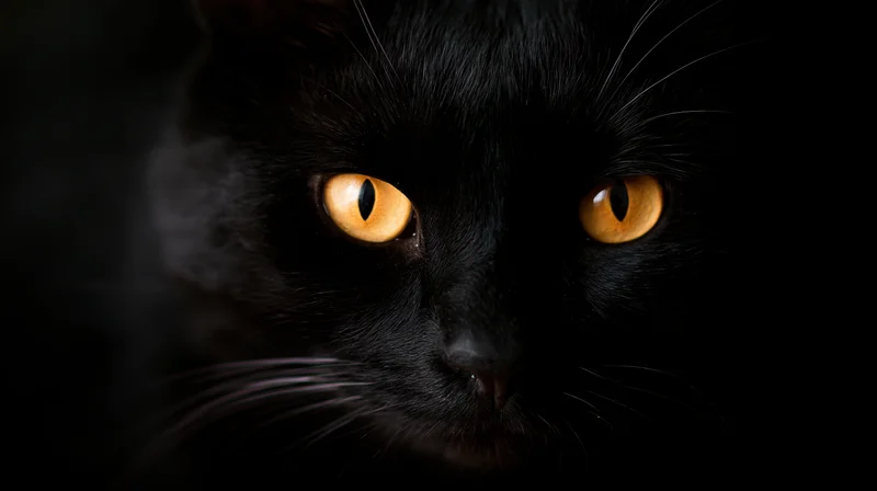 Closeup of black cat with intense orange eyes staring directly at camera in dark setting