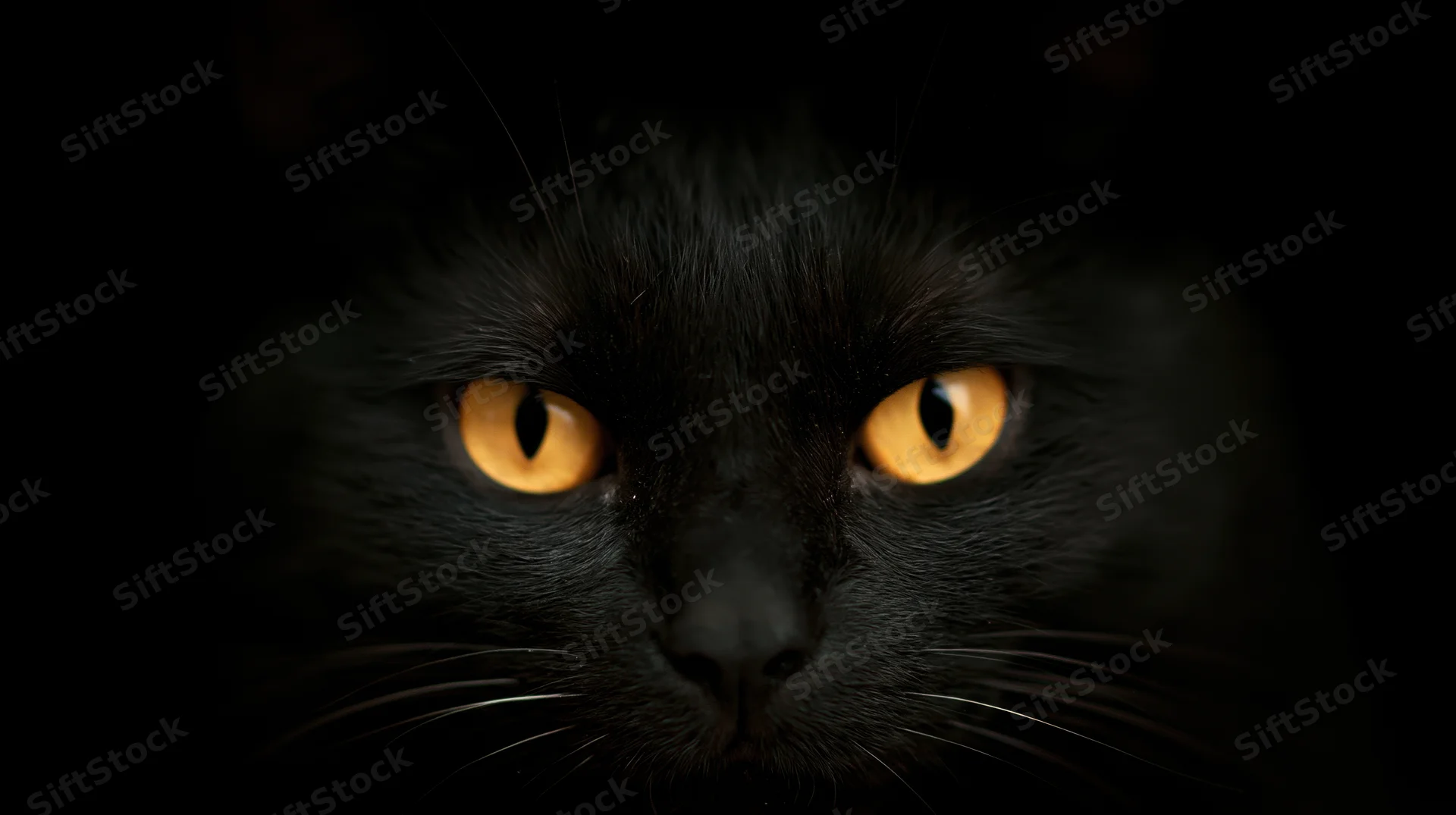 Black cat with intense orange eyes staring directly at camera in near-total darkness
