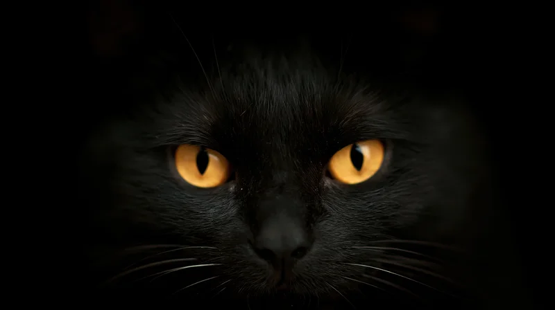 Black cat with intense orange eyes staring directly at camera in near-total darkness