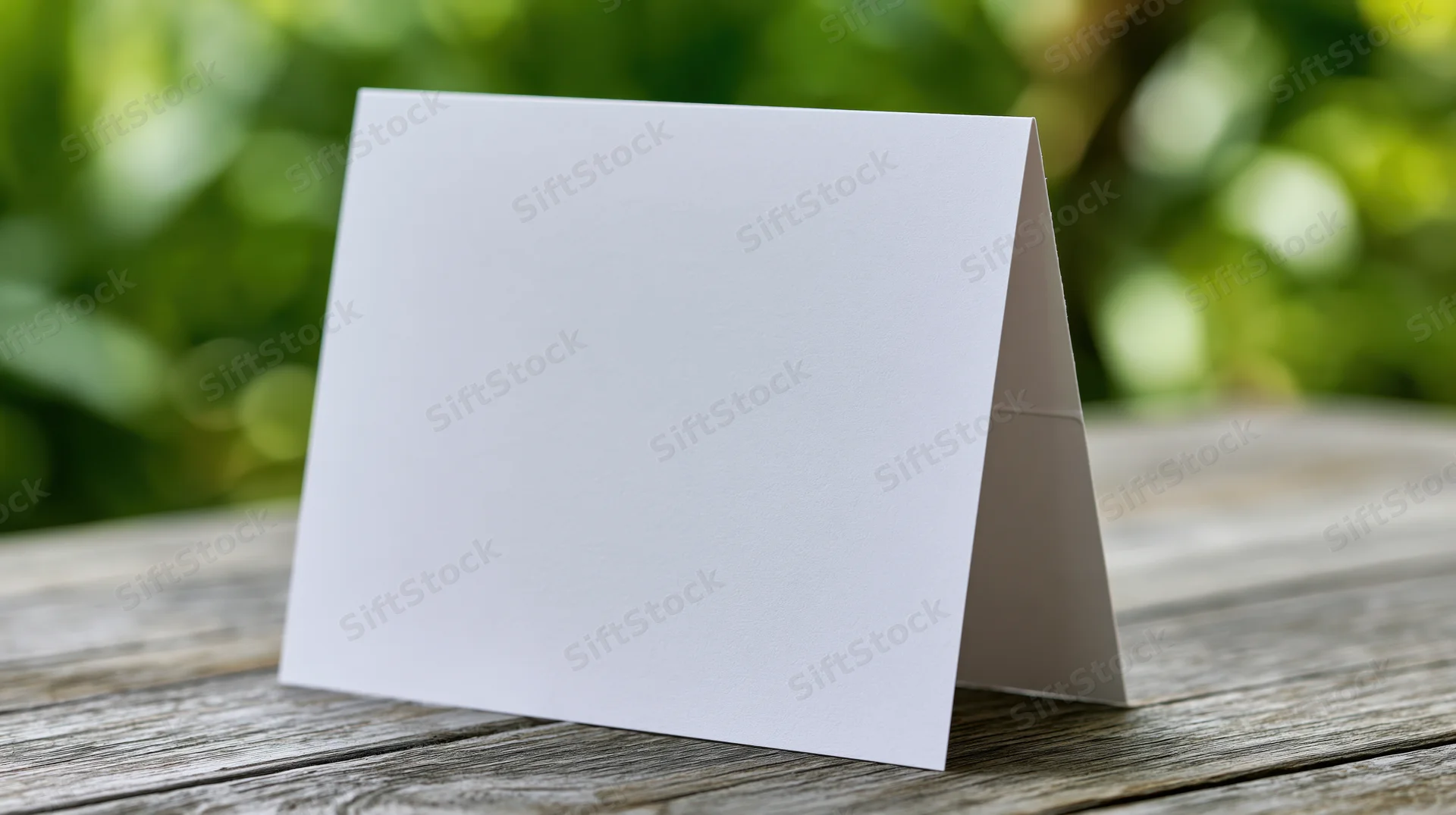 Blank white folded card standing upright on a weathered wooden table outdoors