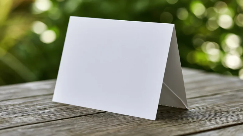Blank white folded greeting card standing upright on a weathered wooden table outdoors