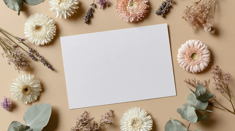 Blank white card surrounded by dried flowers and greenery on beige surface