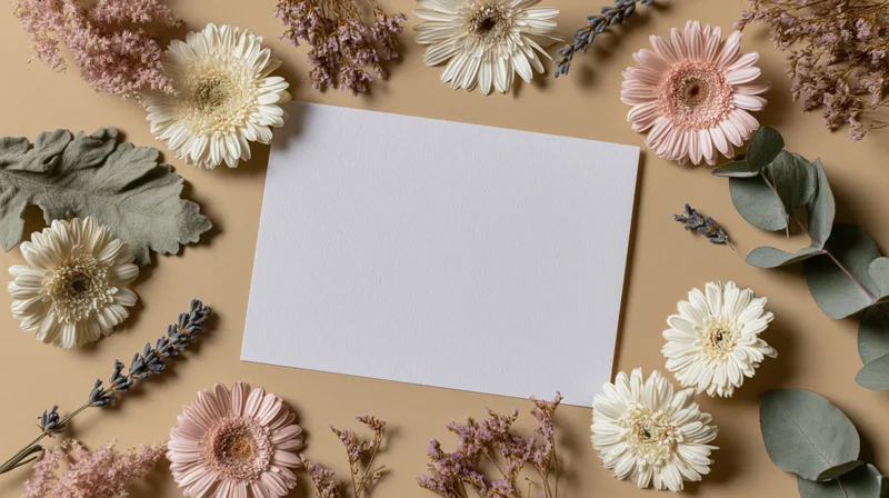 Blank white card surrounded by dried flowers and foliage on beige surface