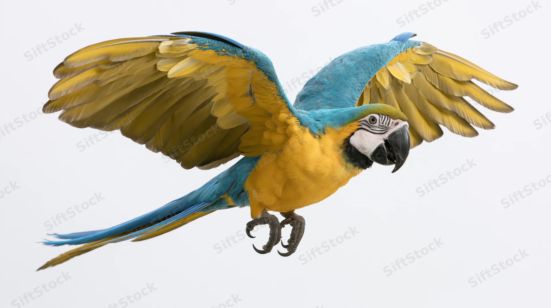 Blue-and-yellow macaw in mid-flight with wings fully spread against white background