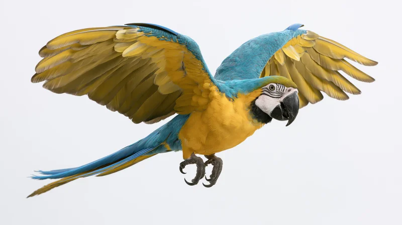 Blue-and-yellow macaw in mid-flight with wings fully spread against white background