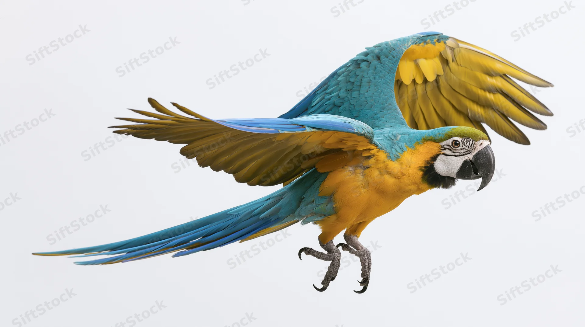 Blue-and-yellow macaw in mid-flight with wings fully spread against white background