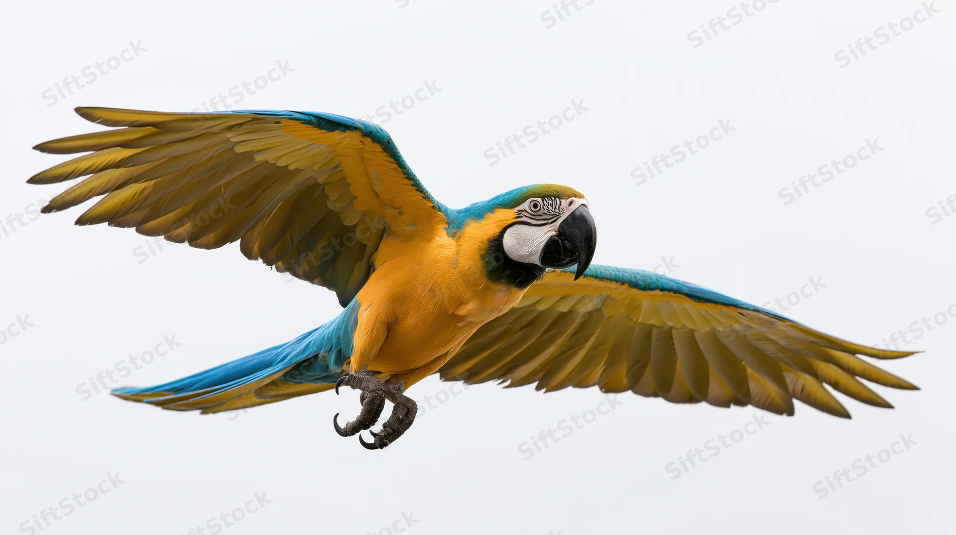 Blue-and-yellow macaw in mid-flight with wings fully spread against white background