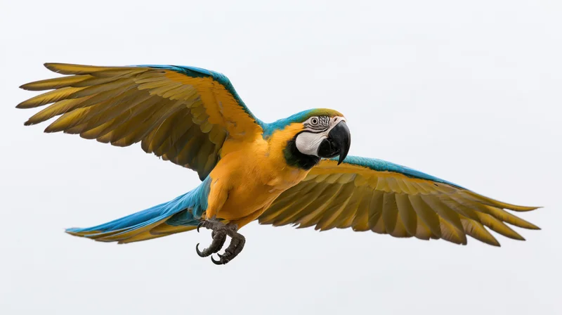 Blue-and-yellow macaw in mid-flight with wings fully spread against white background