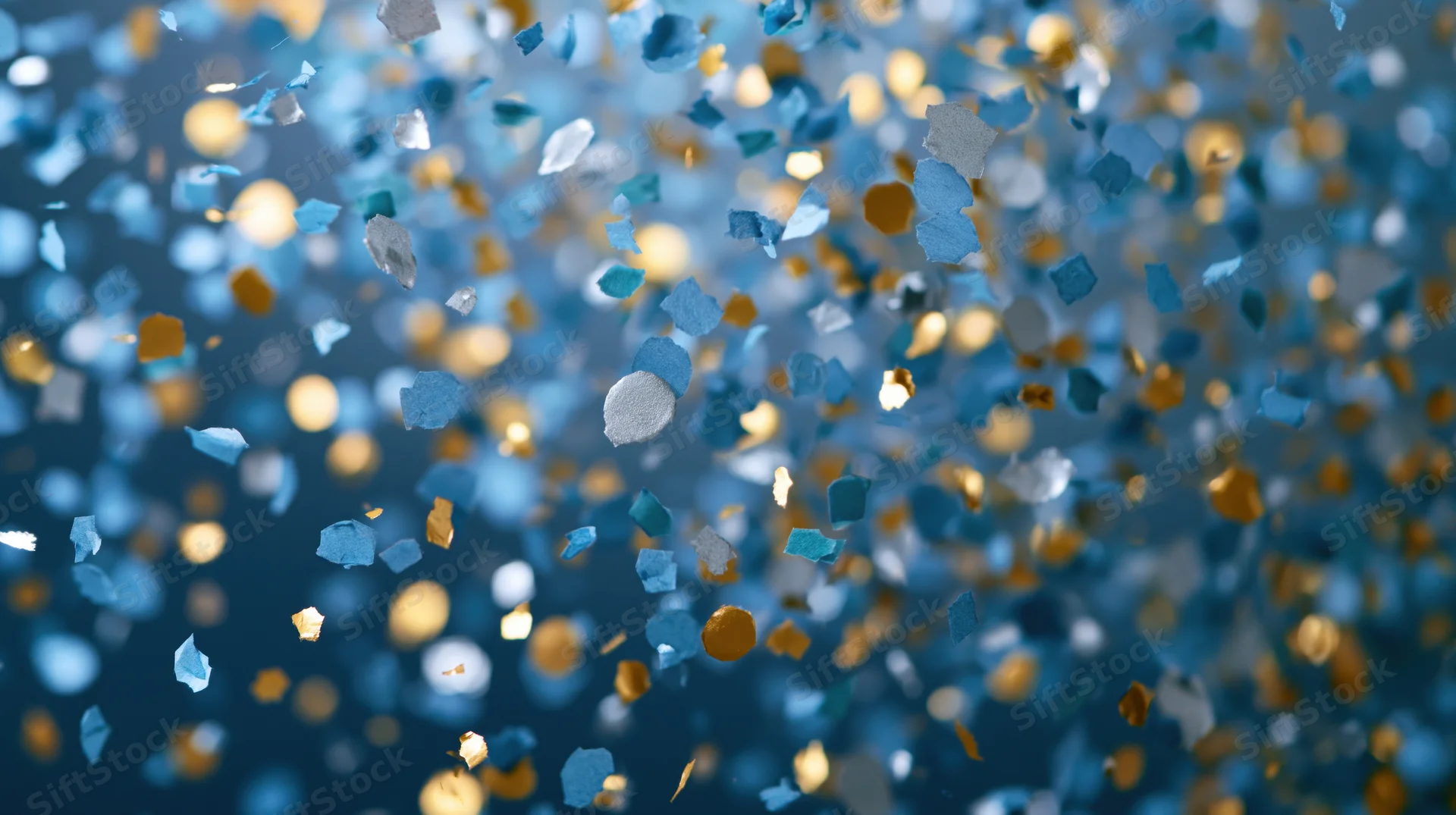 Blue and gold metallic confetti suspended midair against a dark background