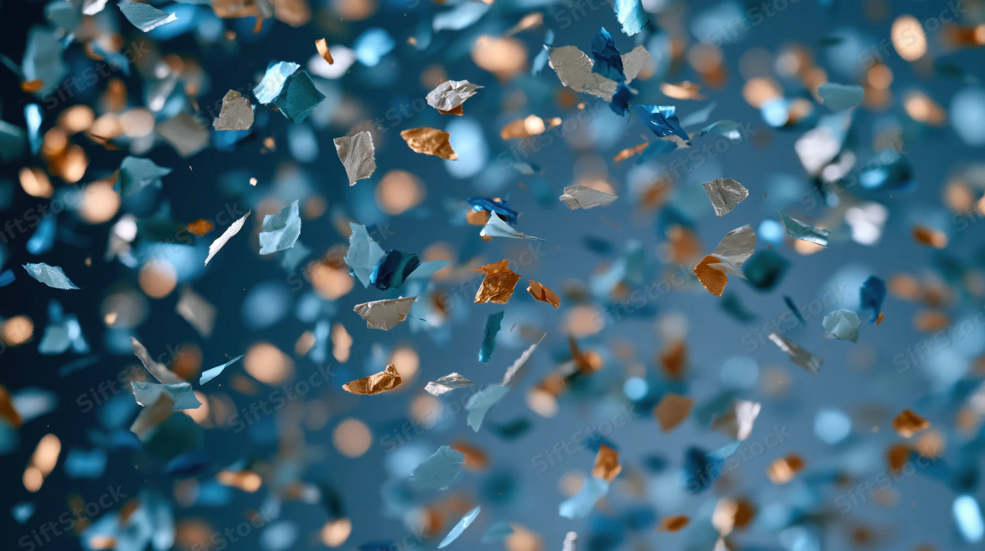 Blue and gold metallic confetti pieces suspended mid-fall against a blurred background