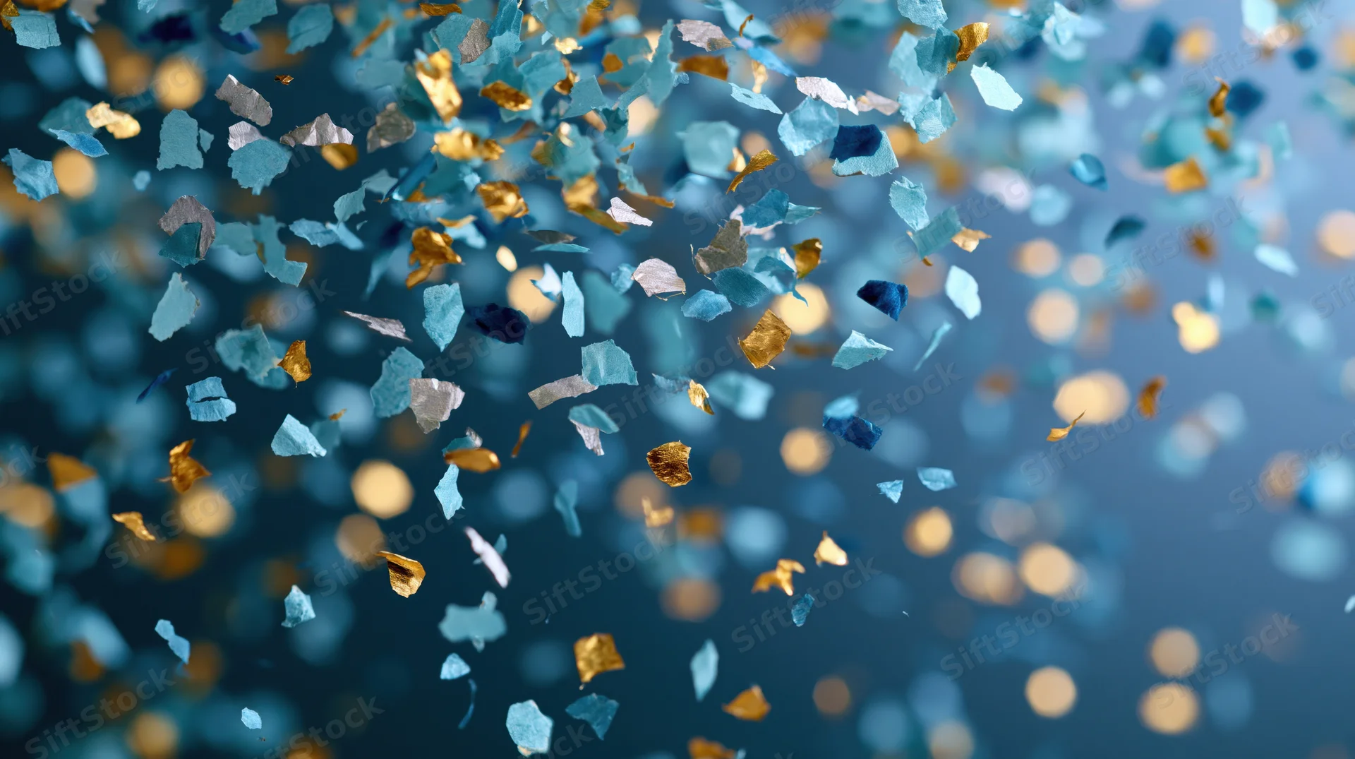 Blue and gold metallic confetti suspended mid-fall against a blurred bokeh background