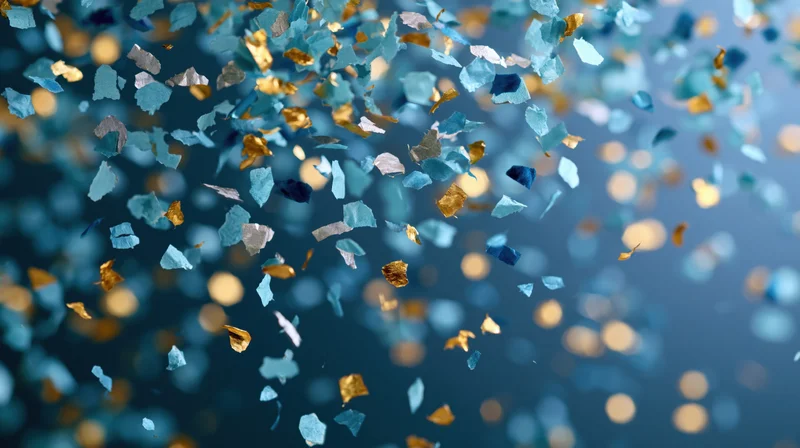 Blue and gold metallic confetti suspended mid-fall against a blurred bokeh background