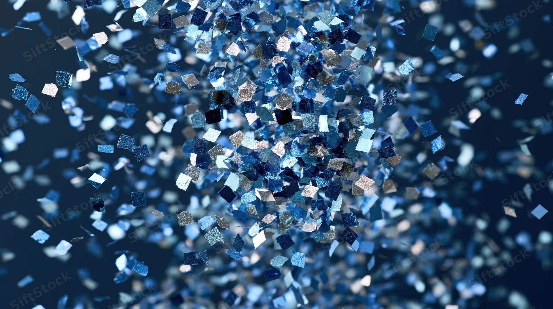 Blue and silver metallic confetti pieces falling in mid-air against a dark background