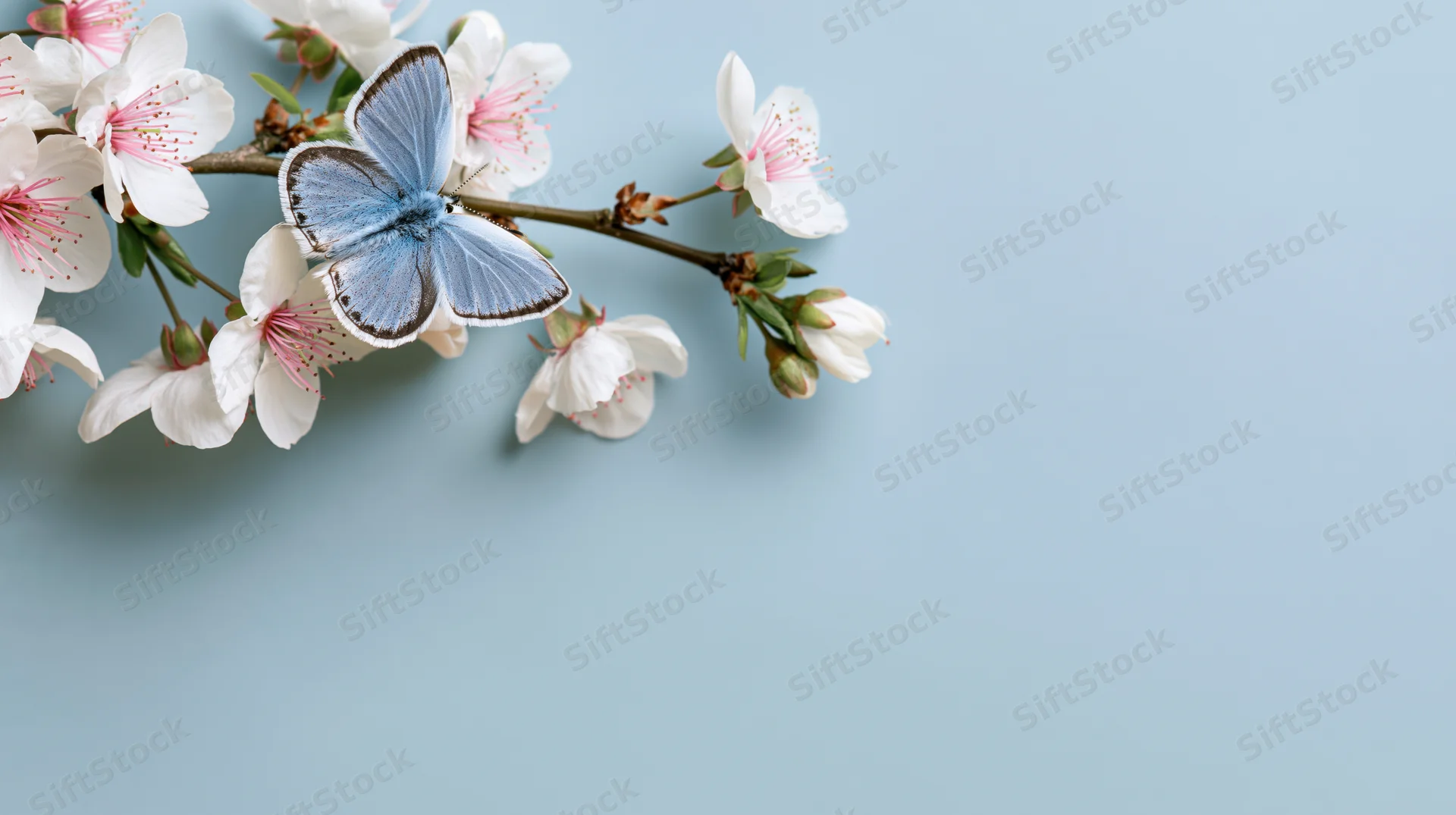 Blue butterfly perched on cherry blossom branch against light blue background with copyspace