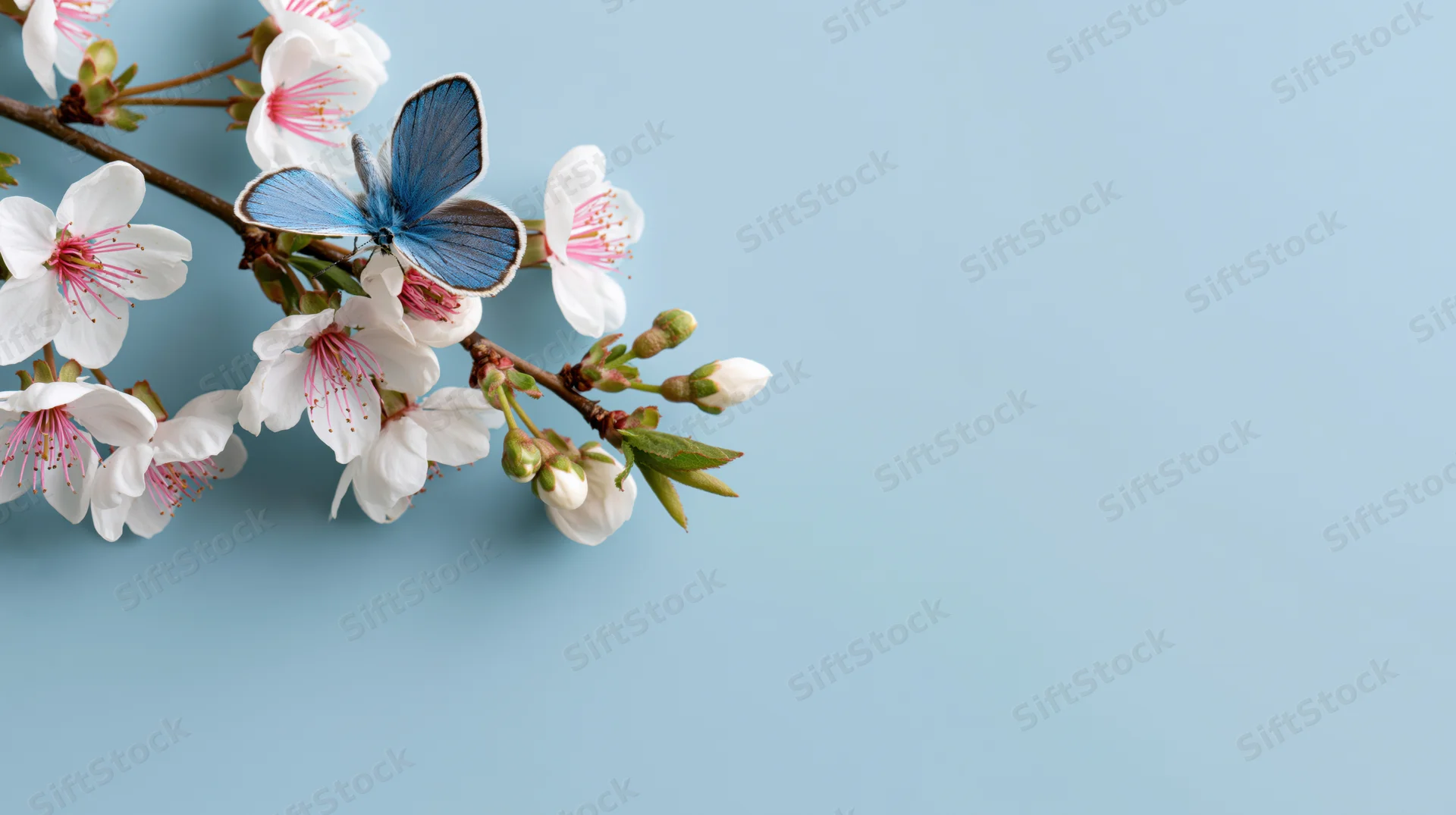 Blue butterfly perched on cherry blossom branch against light blue background