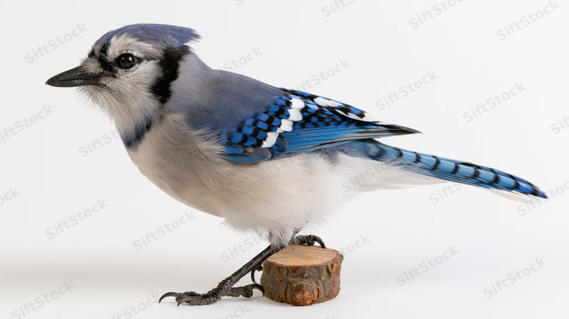 Blue jay perched sideways on a short cut wooden branch stub against white background