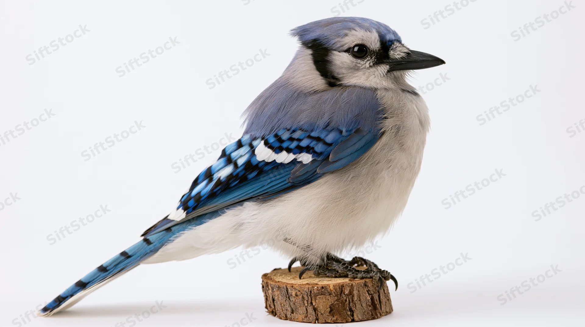 Blue jay perched sideways on a short cut wooden branch stub against white background