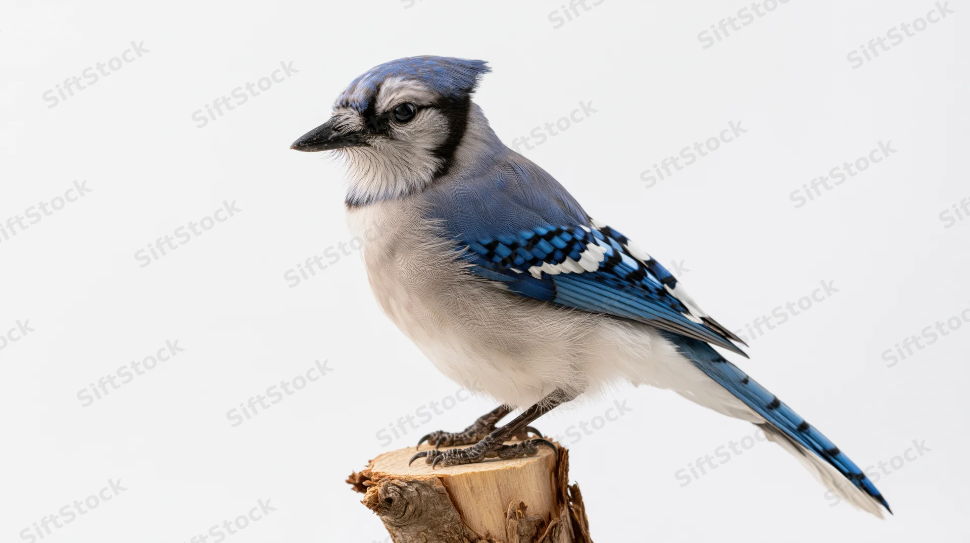 Blue jay perched sideways on a short cut wooden branch stub against white background