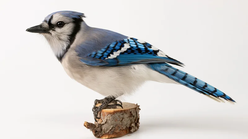 Blue jay perched sideways on a short cut wooden branch stub against white background