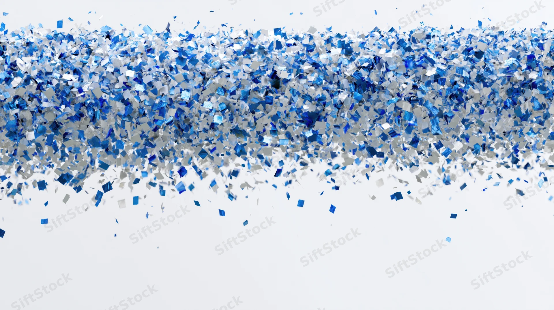 Blue metallic confetti falling and scattering midair against white background