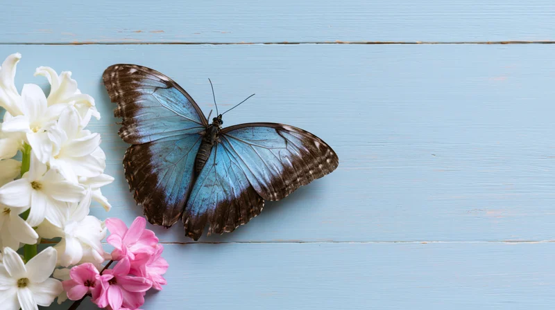 Blue morpho butterfly resting on white hyacinth and pink flowers on a light blue wooden surface