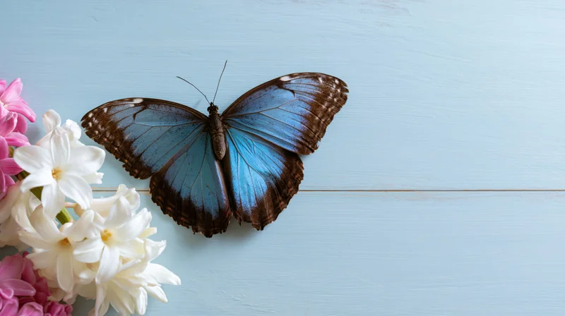 Blue morpho butterfly resting on white and pink hyacinth blooms on a light blue wooden surface