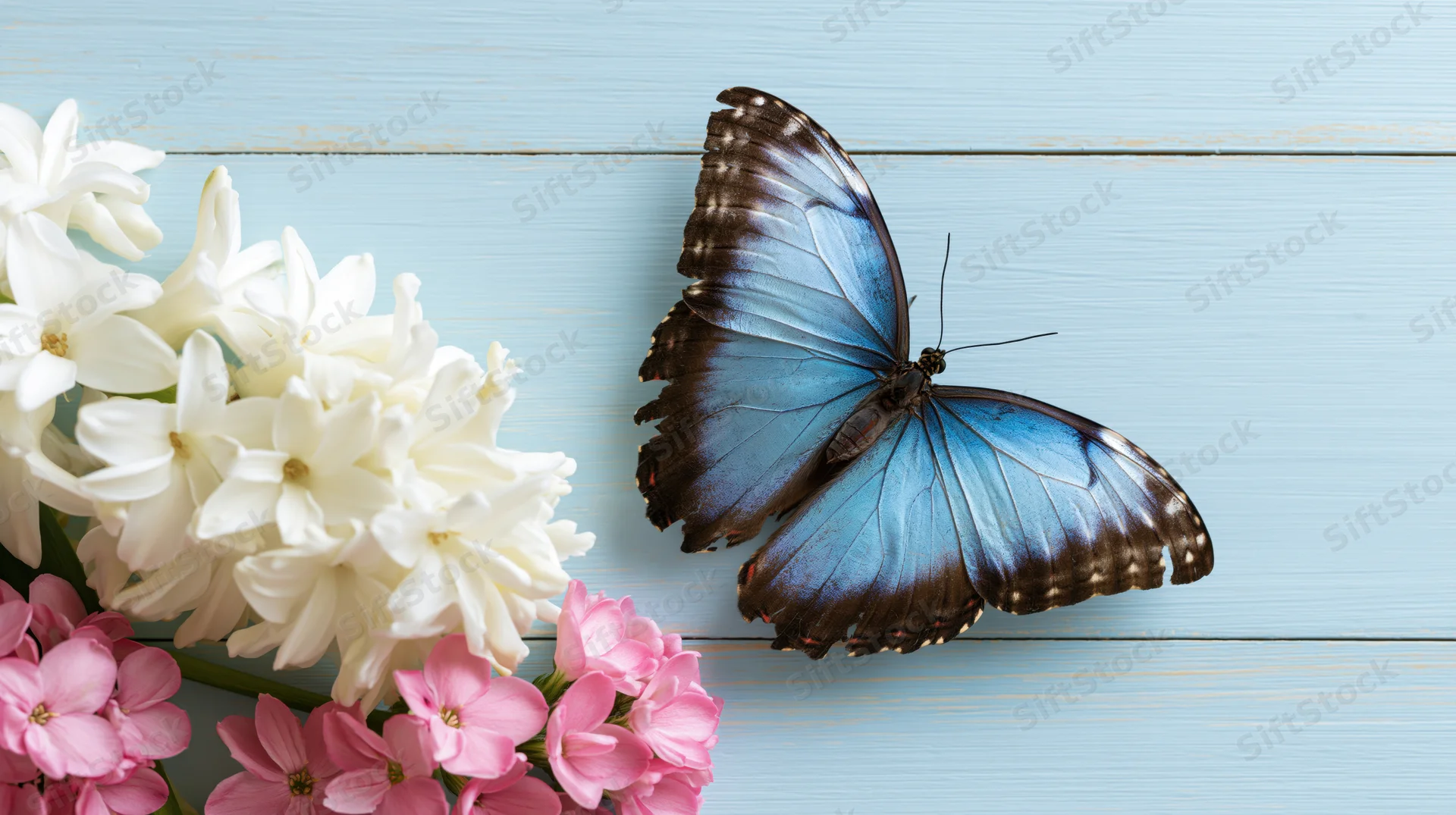 Blue morpho butterfly resting on white hyacinth and pink flowers on light blue wooden surface