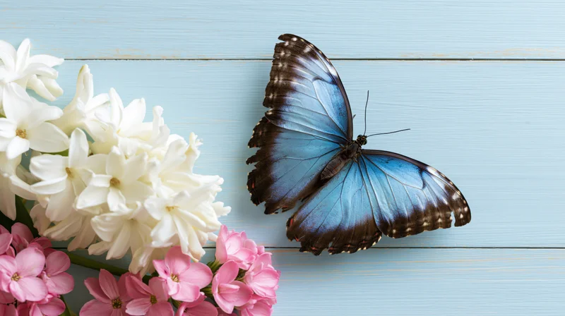Blue morpho butterfly resting on white hyacinth and pink flowers on light blue wooden surface