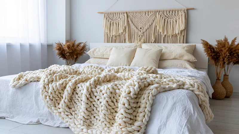 White bed with chunky knit blanket and macrame wall hanging in boho bedroom