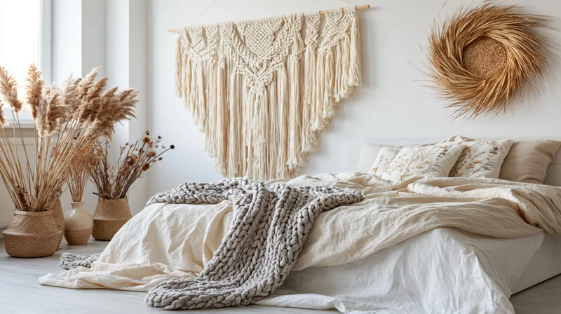 Bohemian bedroom with low white bed layered with cream bedding and macrame wall hanging