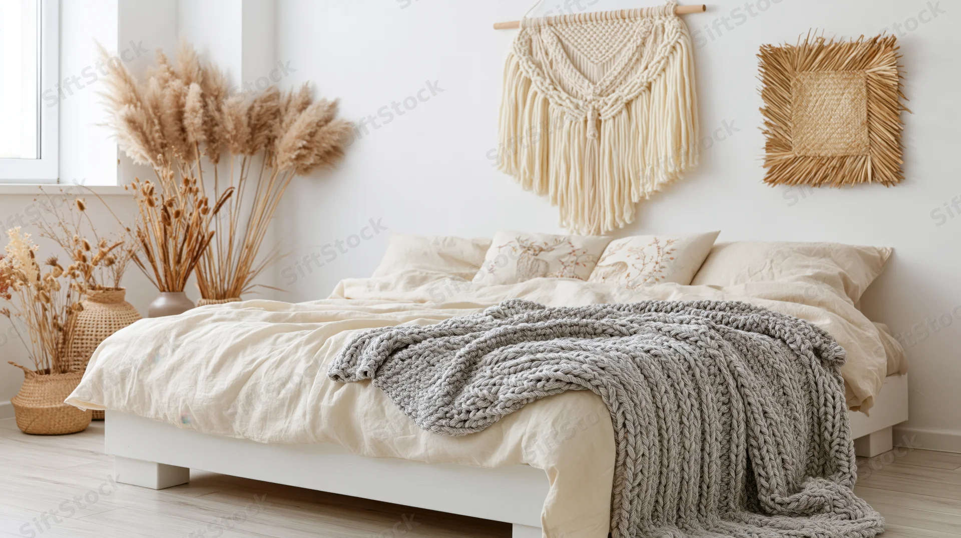 Low white bed with cream bedding and knit throw in a bohemian bedroom with dried flowers and woven wall hangings