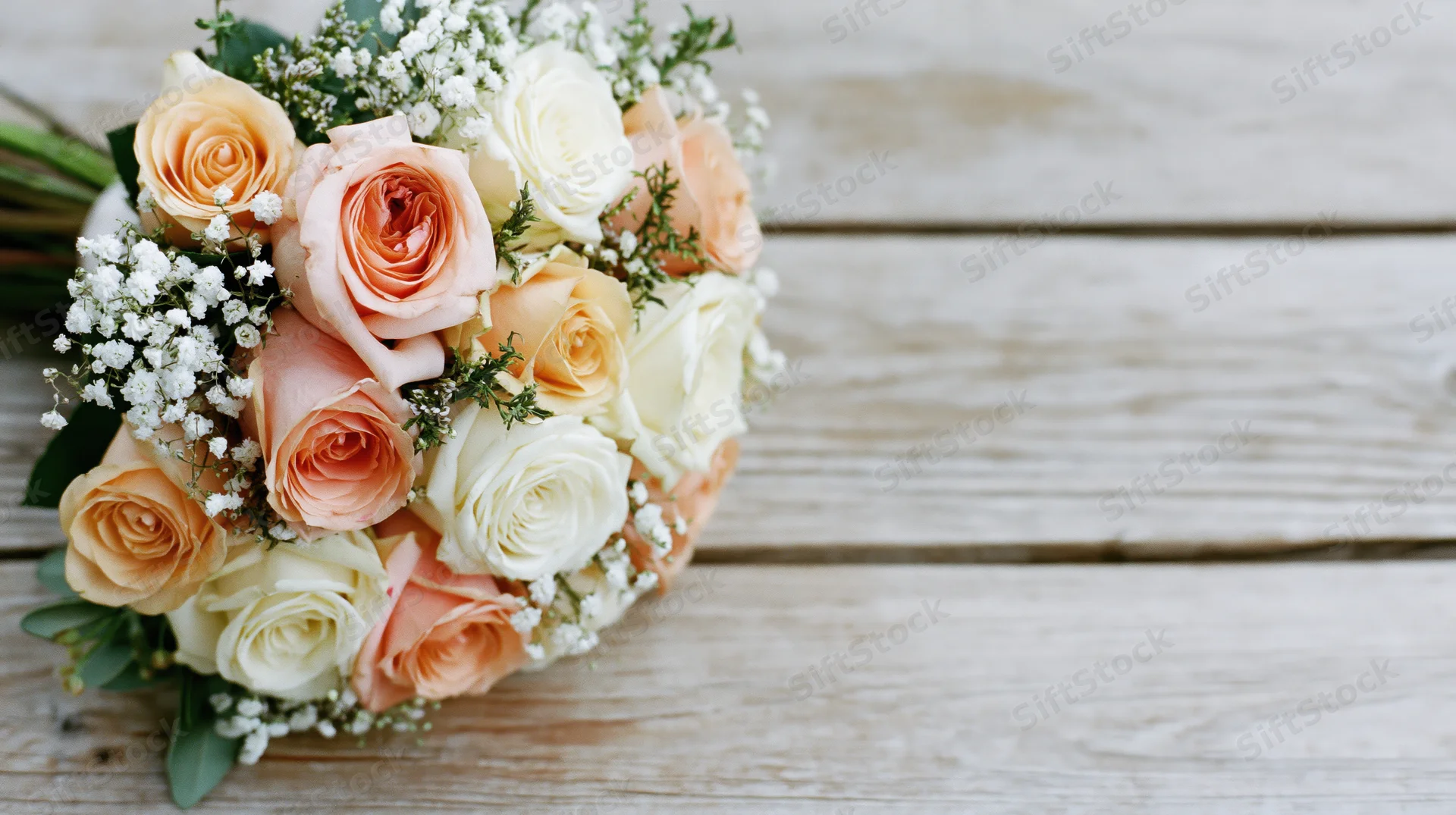 Bridal bouquet of peach and cream roses with baby's breath on a wooden surface