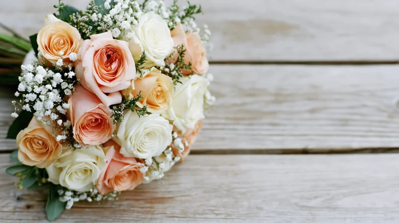 Bridal bouquet of peach and cream roses with baby's breath on a wooden surface