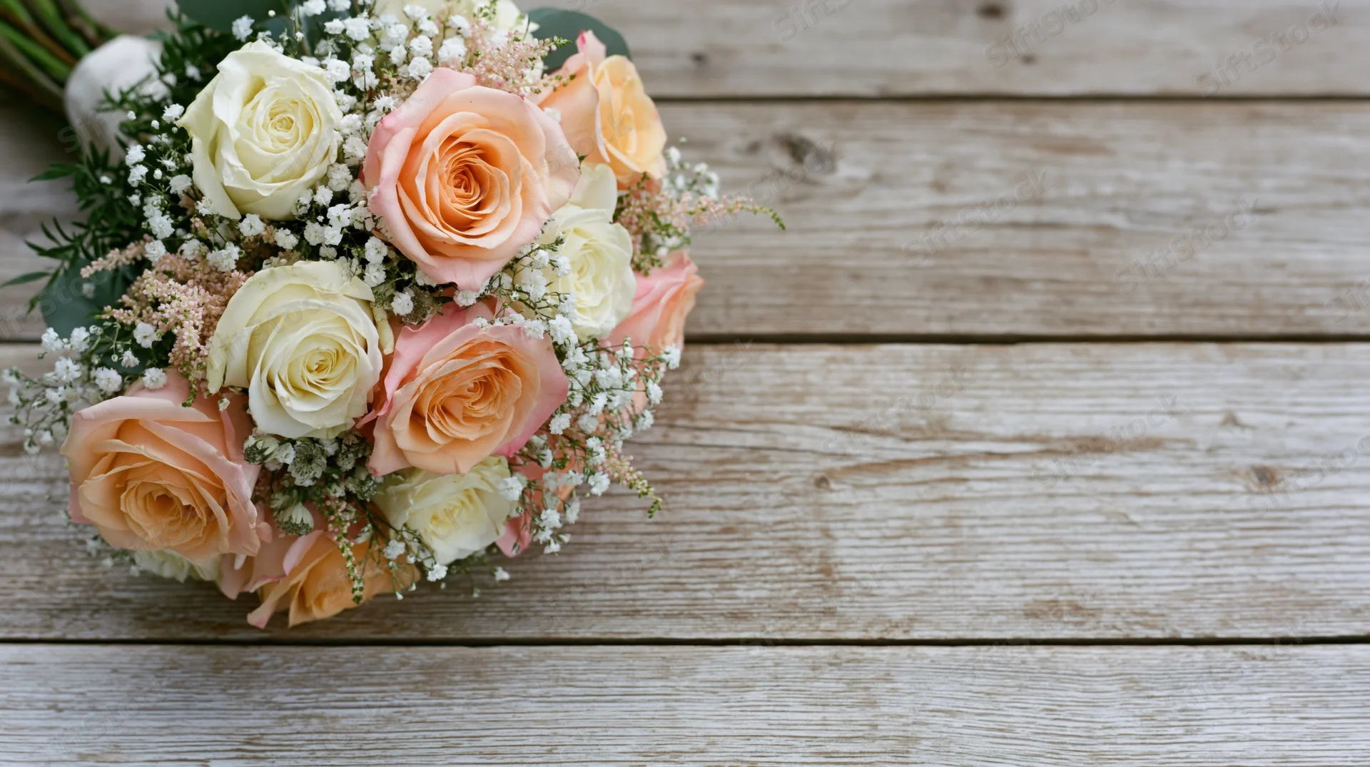 Bridal bouquet of peach and cream roses with baby's breath on a rustic wooden table