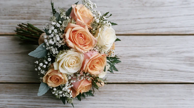 Bridal bouquet of peach and cream roses with baby's breath and greenery on wooden surface
