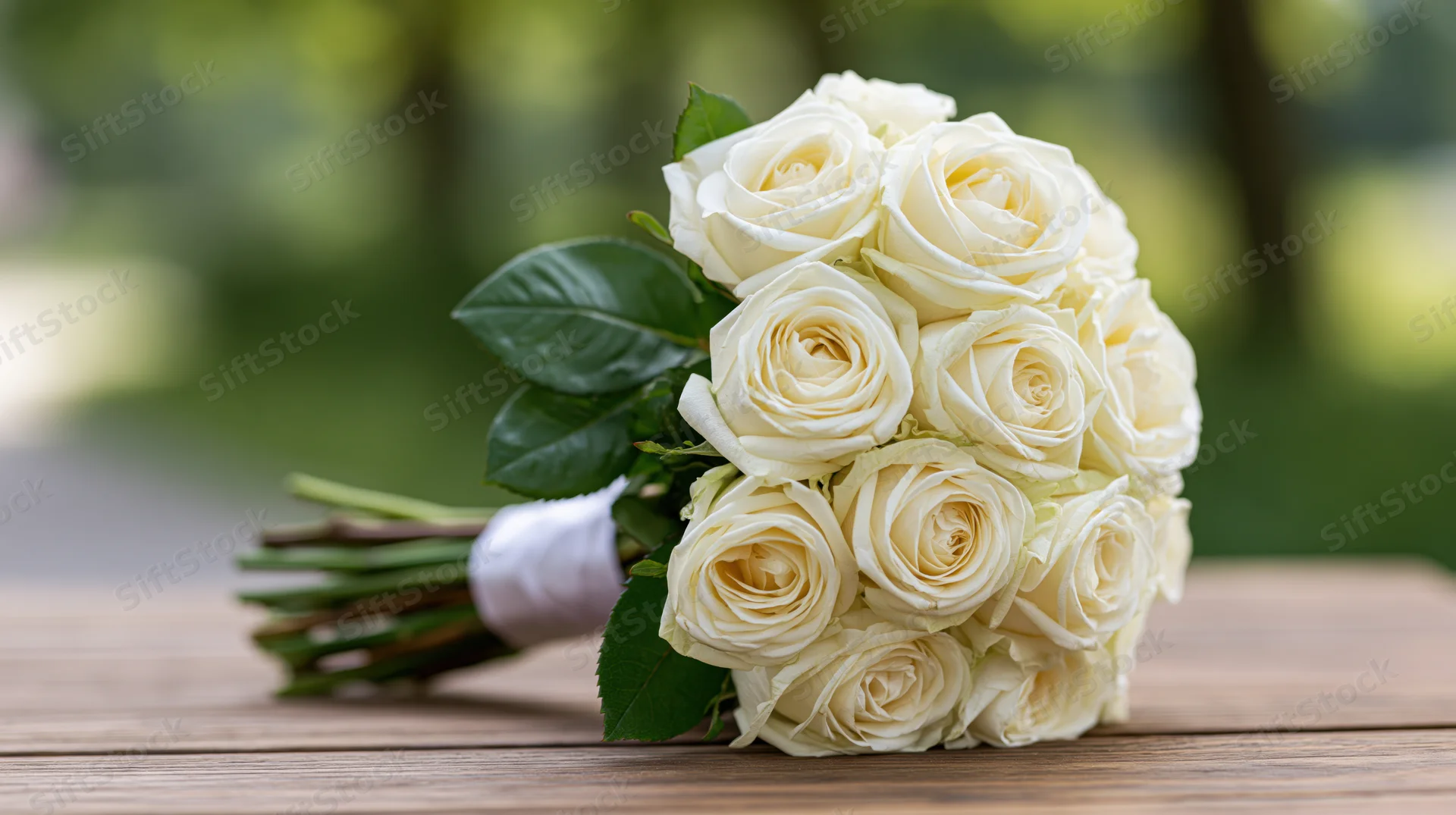 Bridal bouquet of white roses with green leaves resting on wooden table outdoors