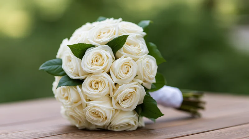 Bridal bouquet of white roses with green leaves resting on a wooden table outdoors