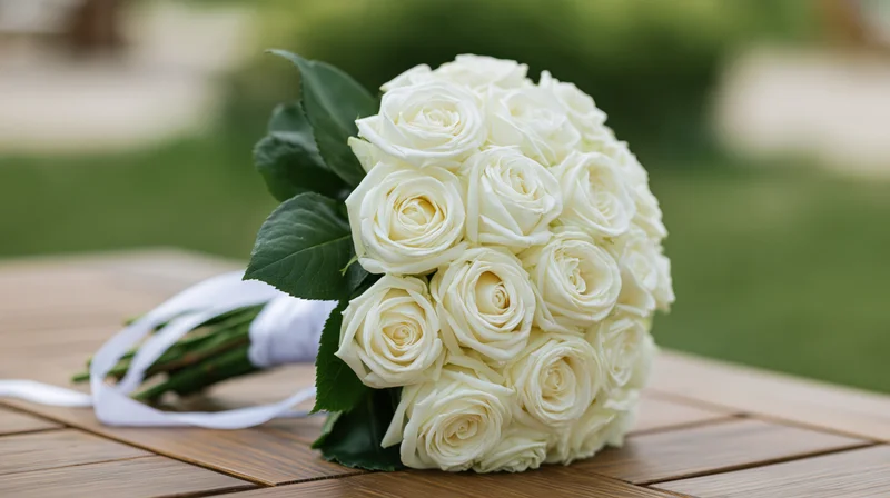Bridal bouquet of white roses with green leaves resting on wooden table outdoors