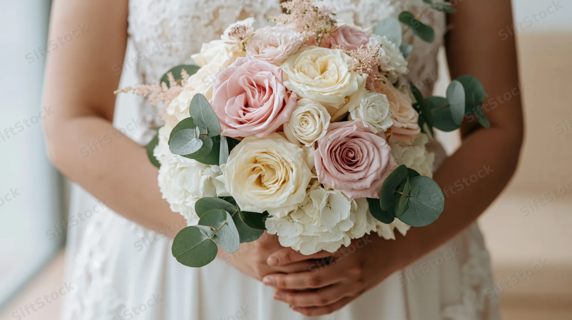 Bride holding a bouquet of blush pink and cream roses in front of her white lace dress