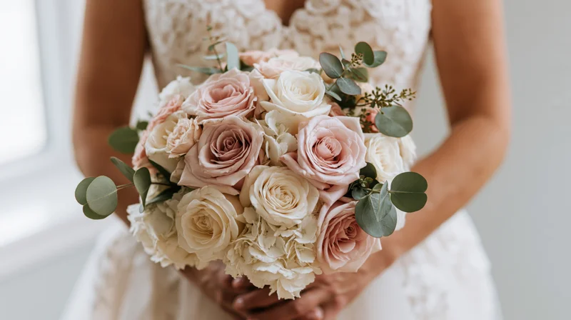 Bride holding a bouquet of blush pink and cream roses in a white lace wedding dress