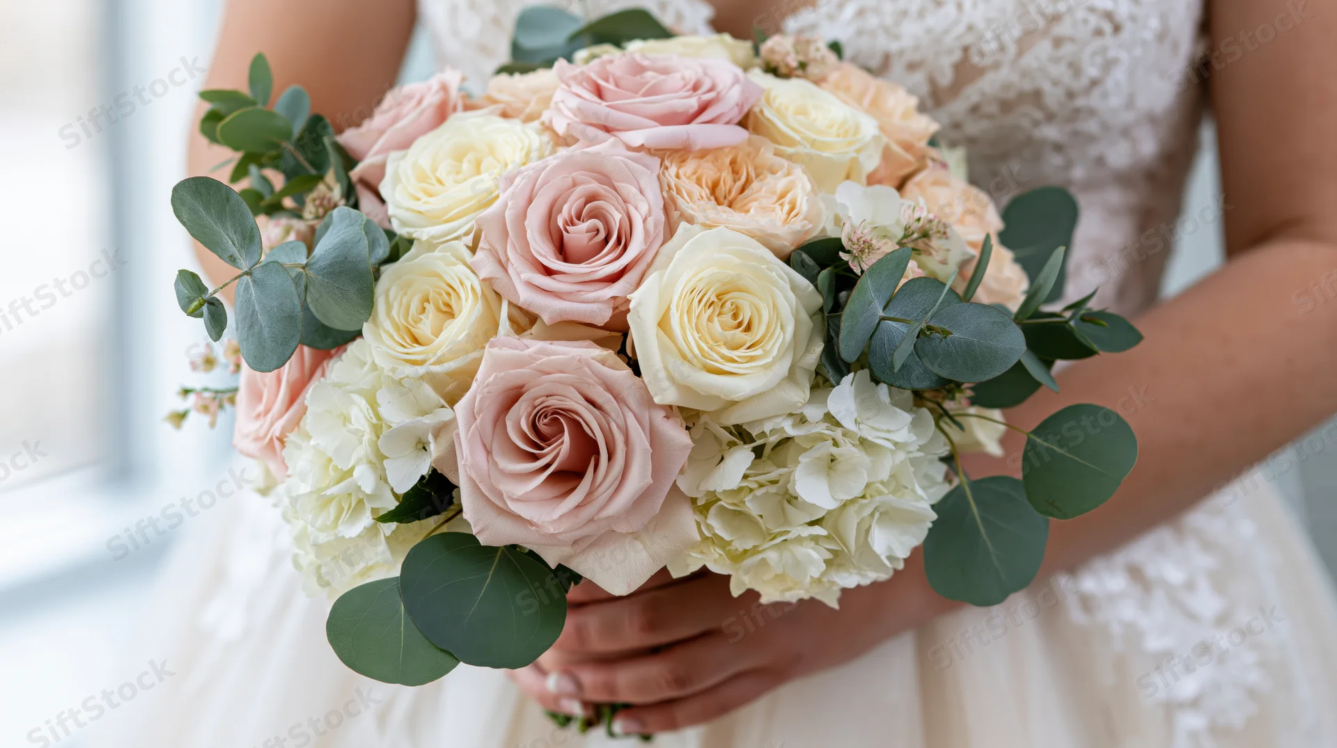 Bride holding a bouquet of pink and cream roses with eucalyptus and hydrangea in a lace wedding dress
